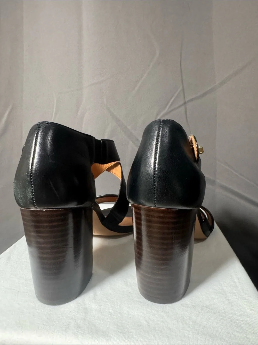 Coach Black Leather Strappy Block Heel Sandals with Gold Accent size 9
